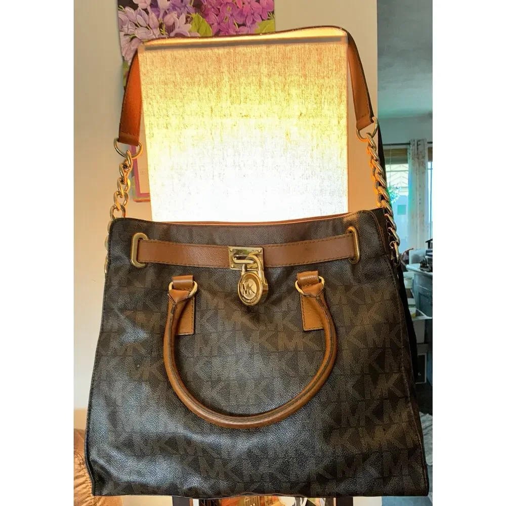 Vtg Michael Kors Hamilton Signature Logo Legacy Coated Leather Handles Satchel
